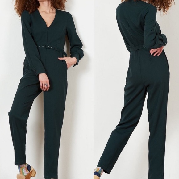 (A2) Rachel Comey Glitch dark green Jumpsuit LongSleeve V-Neck Cinched Waist, 2 - Picture 9 of 14